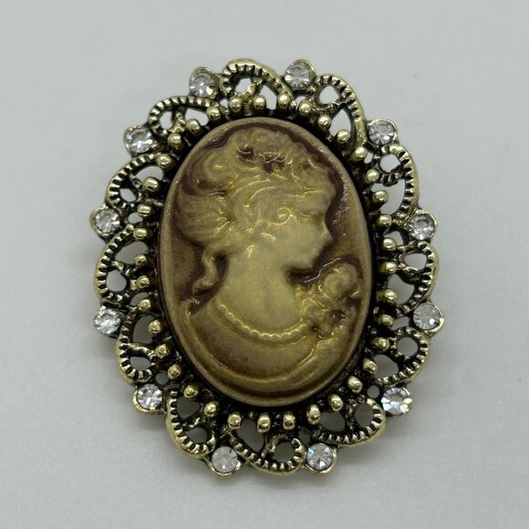 Brooch Lot Vintage Monet Gold-Tone BSK Rhinestone Modern Victorian-Style Cameo - Picture 7 of 11